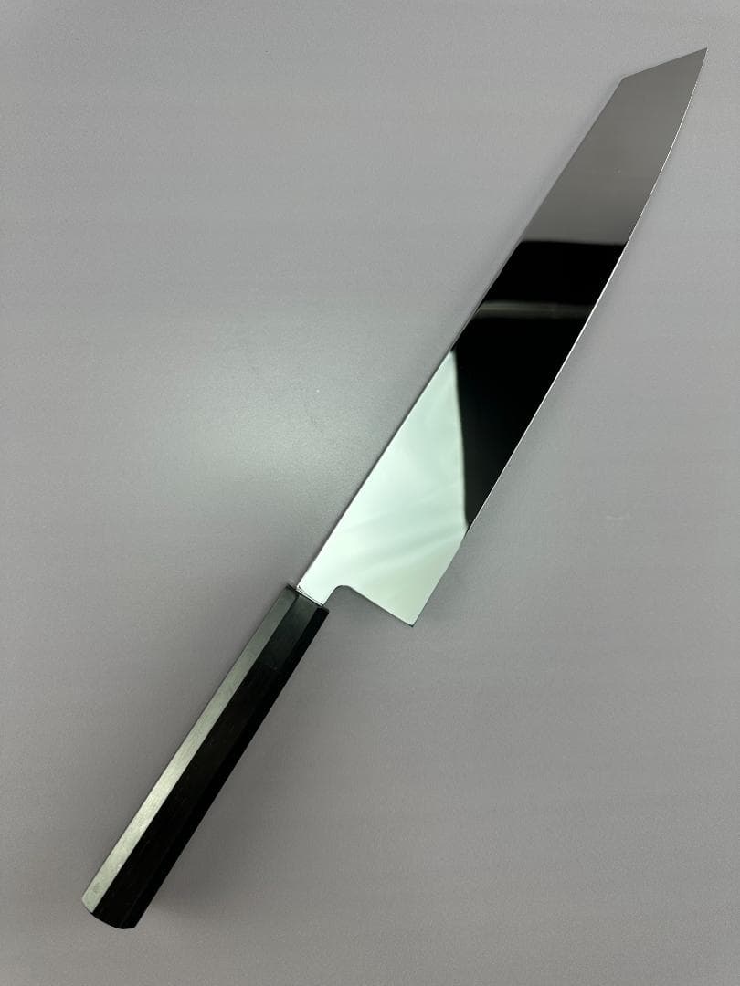 5629 切付牛刀 尺一 ウルトラ鏡面仕上げ 刺身包丁 両刃 黒檀黒水牛角八角柄