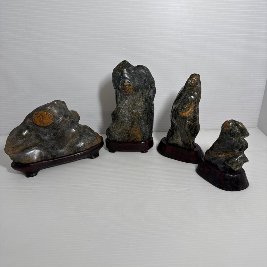 鑑賞石 三日月 満月 飾り物 オブジェ 台座付き 4点セット