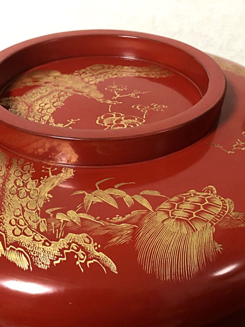 時代 蒔絵 朱塗り 金彩松竹梅 鶴亀 木製菓子鉢 合わせ箱付き