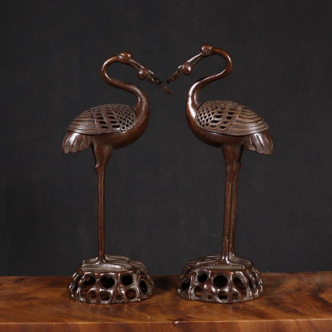 銅製 鶴香炉 室内 茶室 応接間 事務室 薫香炉 開運 風水 招財 置物工芸品