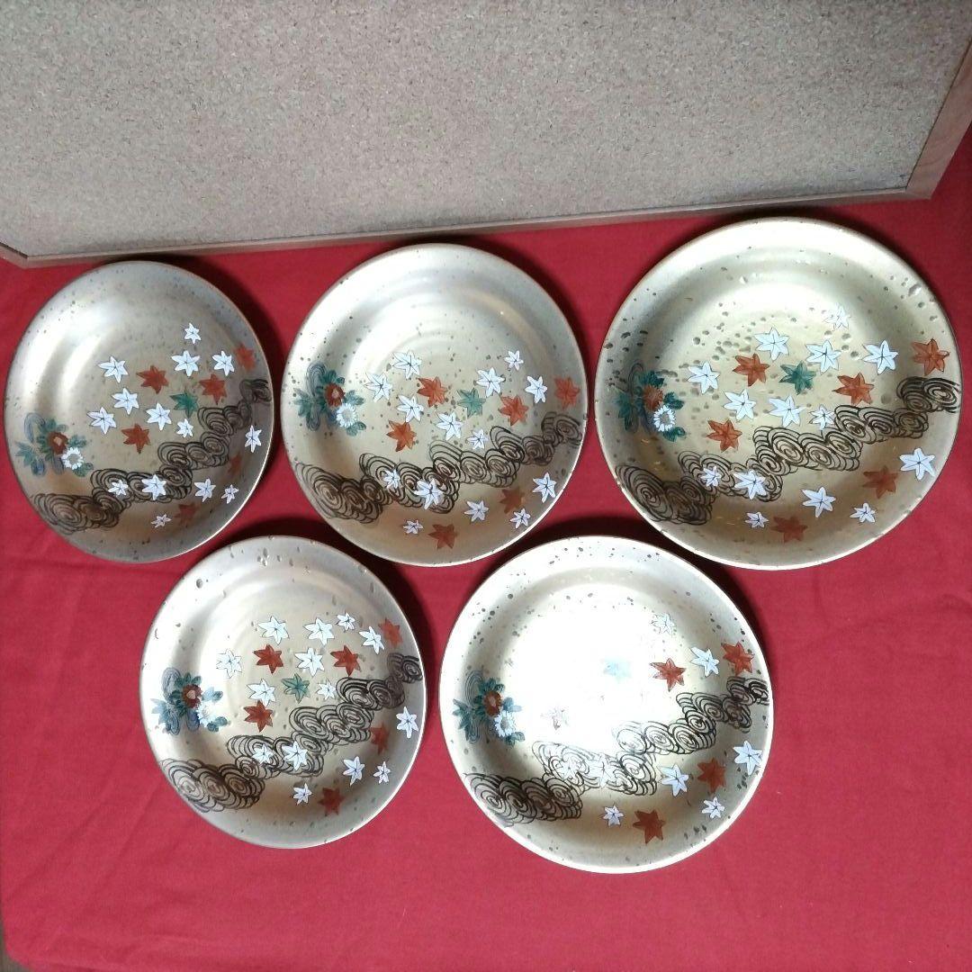 九谷焼の皿揃5枚 光龍 共箱 流水に紅葉の図 金彩 金襴手 未使用