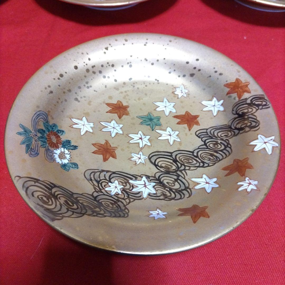 九谷焼の皿揃5枚 光龍 共箱 流水に紅葉の図 金彩 金襴手 未使用