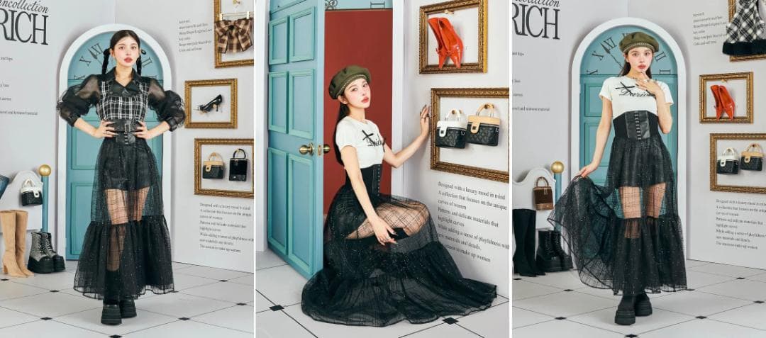 新品 ダーリッチ darich コルセットスパンコールチュールスカート BLK