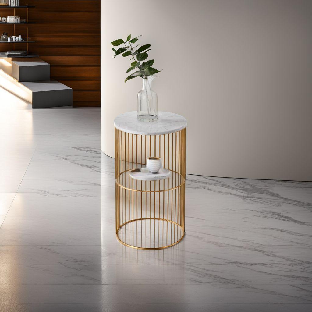 グジュアリー大理石テーブル - ゴールドフレーム 2層収納