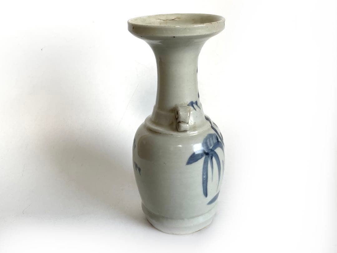 骨董　アンティーク　古伊万里　染付　双耳花入　仏花器　縁キズ　初期伊万里