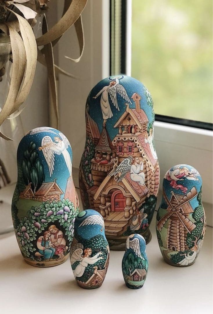 ロシア雑貨☆イコン マトリョーシカ眠る地球の上(5P)H16.5cmコブロフ工房