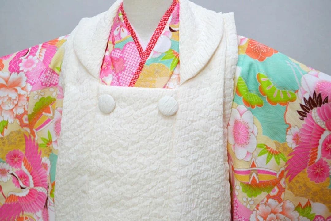 1点限り七五三 着物 3歳 女の子 被布セット 日本製 アイボリー/ヒワ