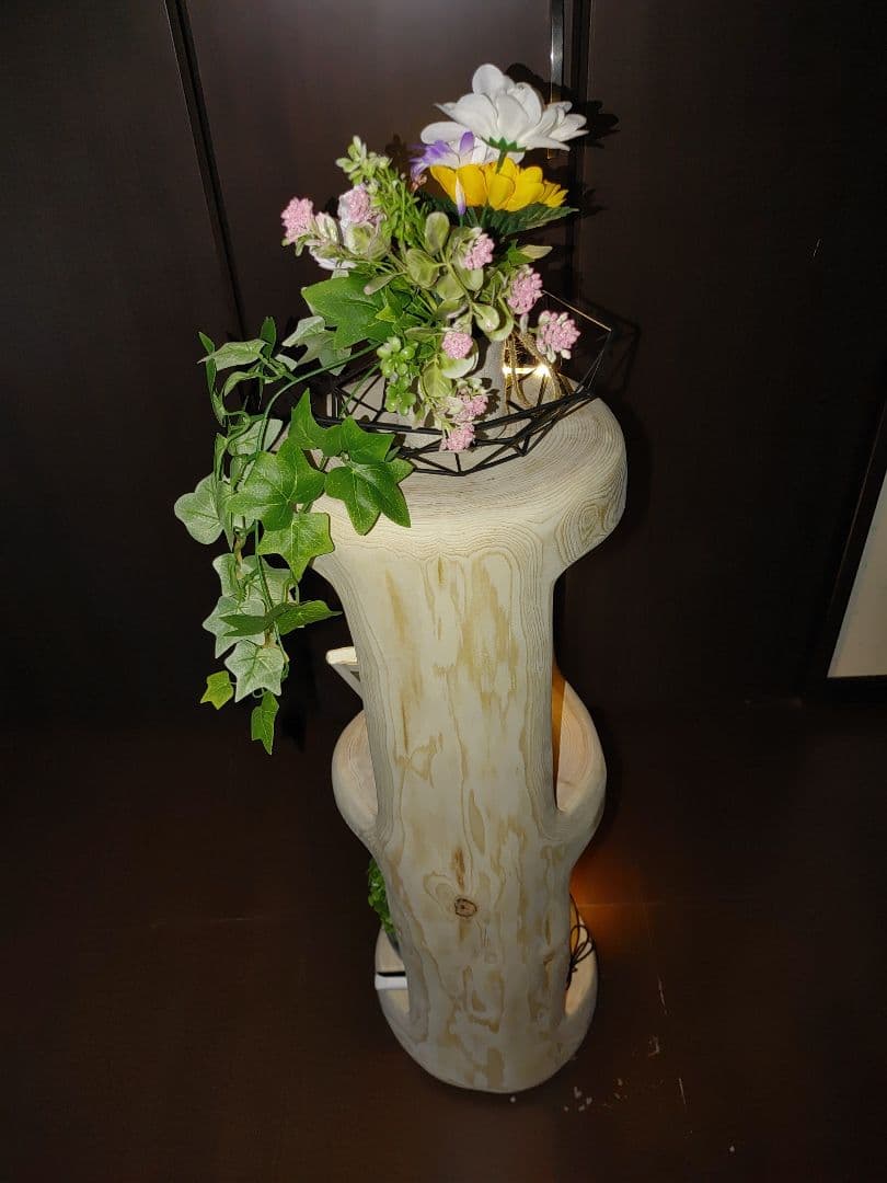 オリジナル照明LEDライト付 二段 本立てフラワースタンド ひのき 丸太 ベンチ