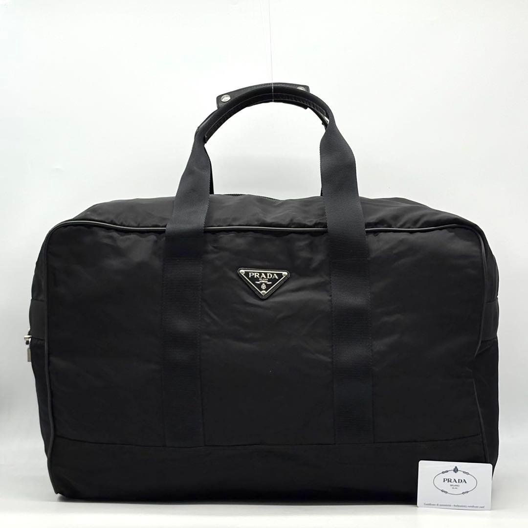 プラダ ボストンバッグ ハンドバッグ ナイロン サフィアーノレザー 三角ロゴ 黒