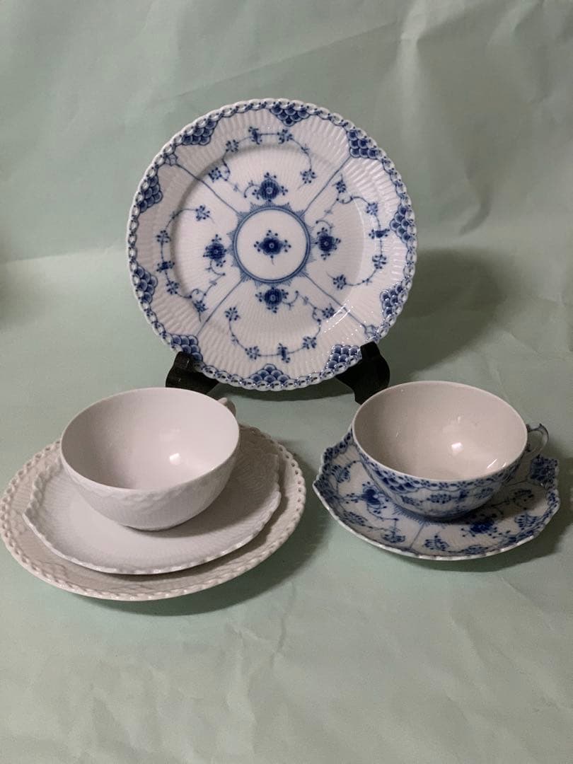 ロイヤルコペンハーゲン　ブルー、ホワイトフルーテッドフルレース6点セット、