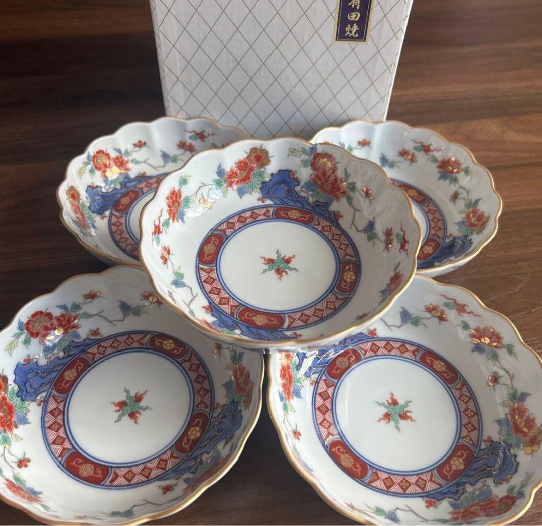 【未使用】有田焼　彌右衛門窯　染錦岩牡丹　古伊万里　和皿　5枚セット