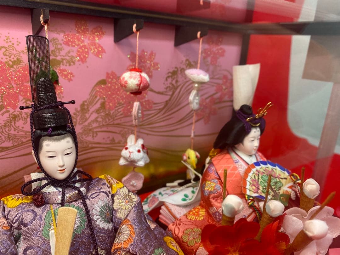 吊るし付き雛人形ガラスケース入り親王飾り・間口約３９×奥行約２７×高さ約２５㎝