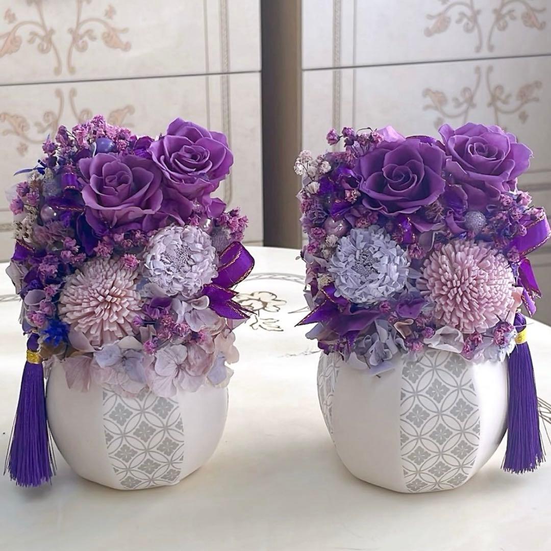 2基✨手毬柄白陶器✨紫バラ＆小菊プリザーブドアレンジ✨ケース付き追加200円