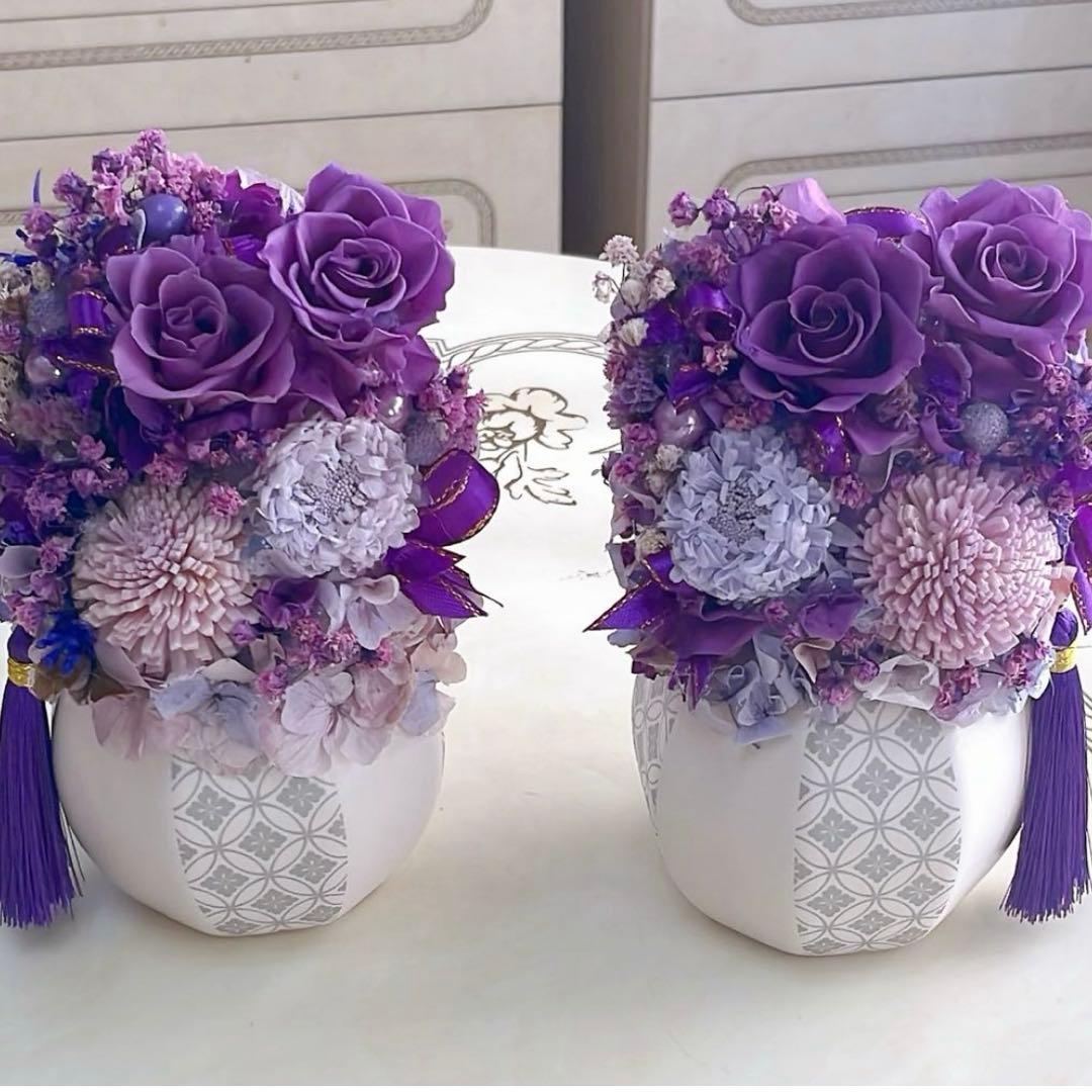 2基✨手毬柄白陶器✨紫バラ＆小菊プリザーブドアレンジ✨ケース付き追加200円