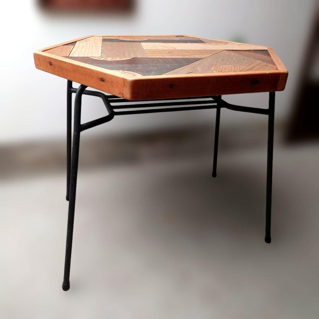 艶!! 古材テーブル　鉄脚　六角形　パッチワーク柄　昭和レトロ古道具アンティーク