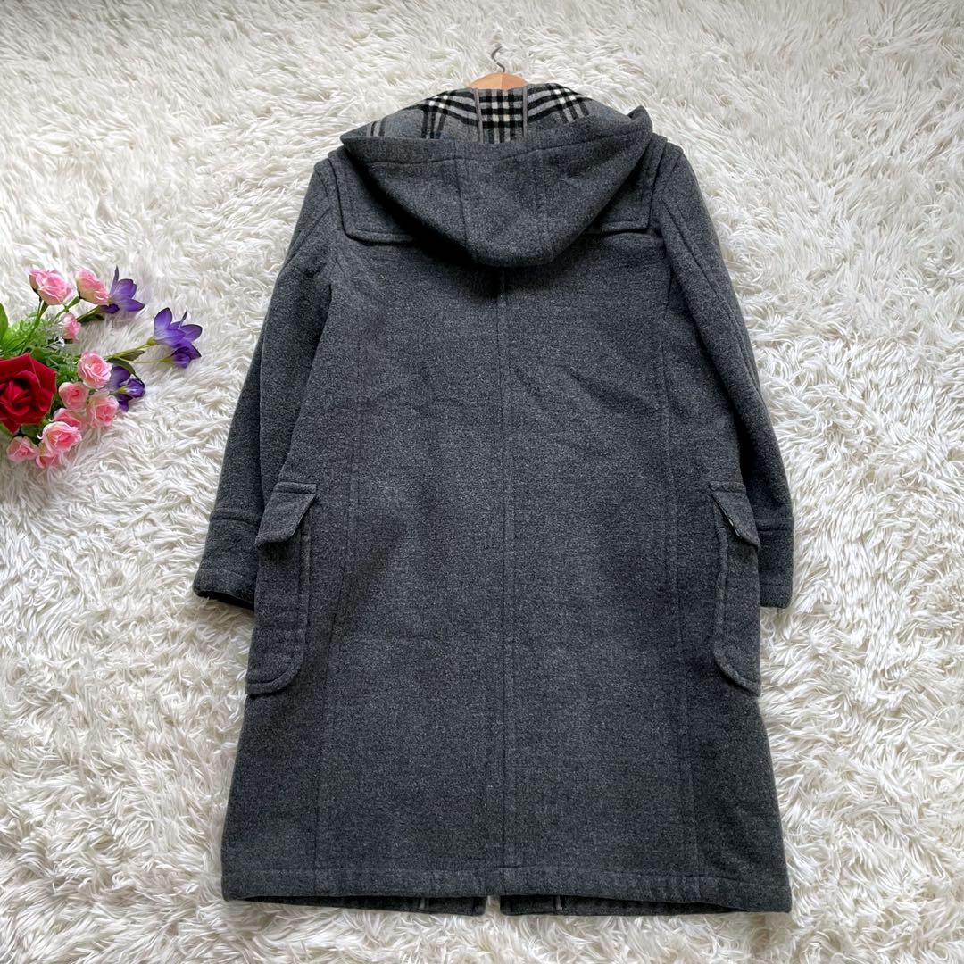 バーバリーブルーレーベルグレーフーデッドダブルコート裏ノバチェック