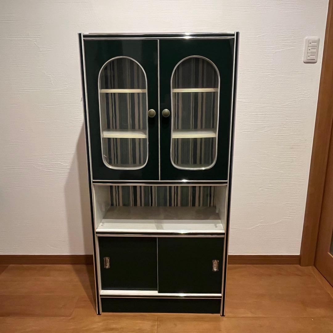 昭和レトロ 食器棚 アーチ 緑 白 当時物 ビンテージ カップボード キッチン