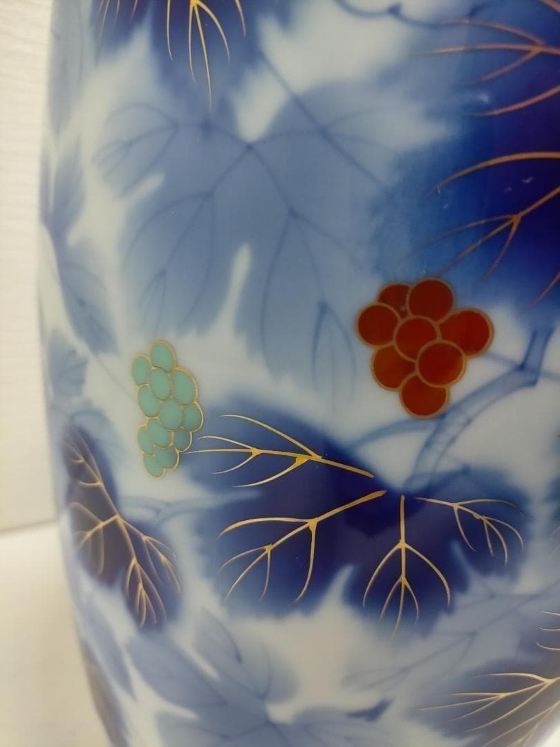藍染調 金彩 葡萄文 大型 花瓶 壺 飾壺 和風 陶磁器　青　251217-4Y