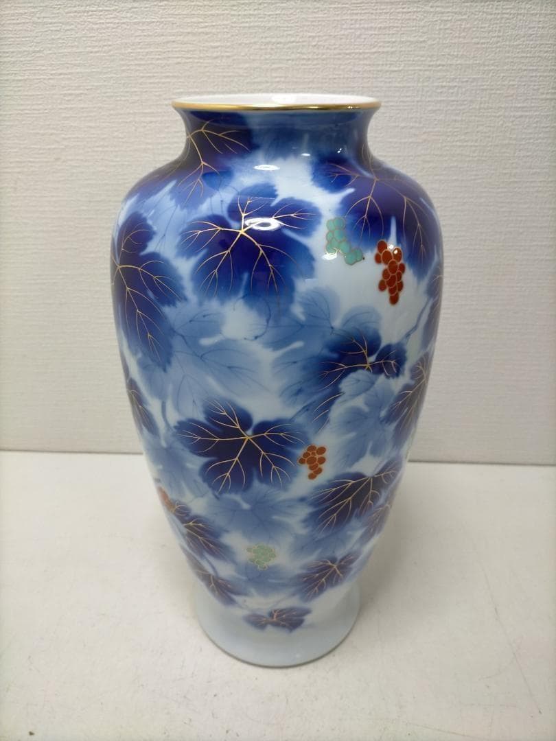 藍染調 金彩 葡萄文 大型 花瓶 壺 飾壺 和風 陶磁器　青　251217-4Y