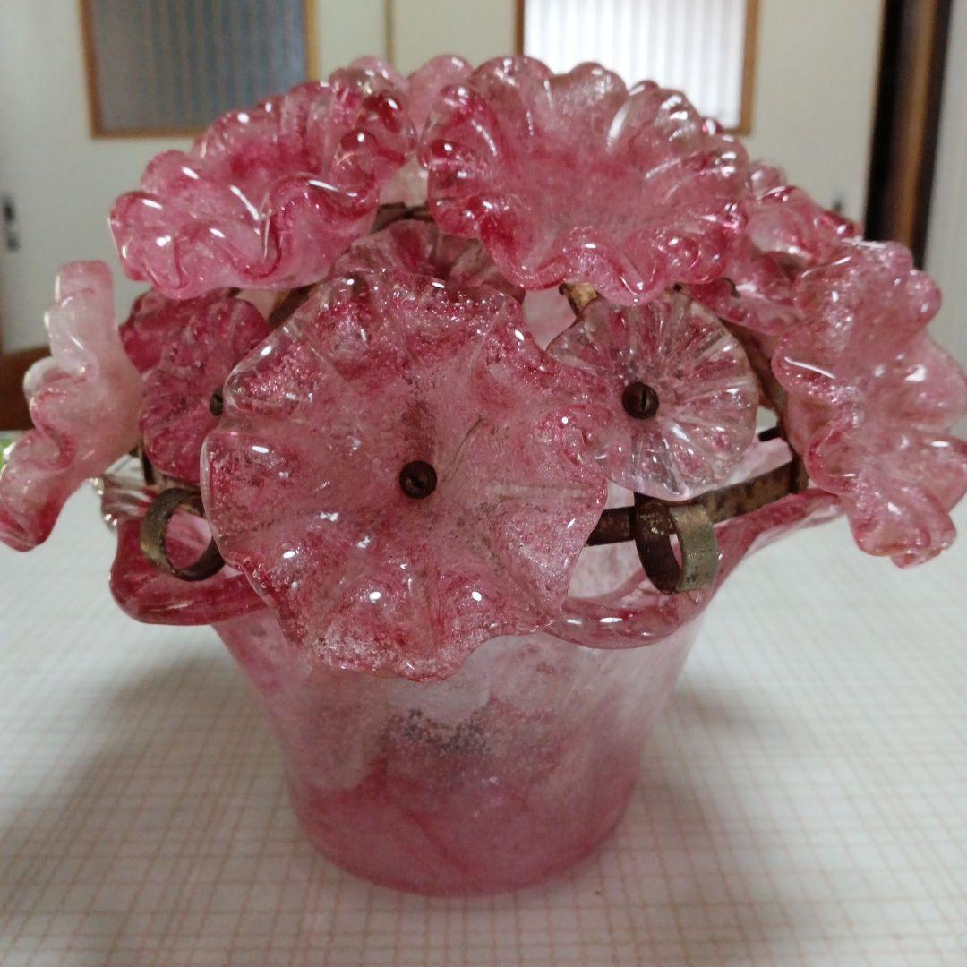 昭和レトロ　岩田工芸ガラス　電気スタンド　ピンク　花束　アンティーク