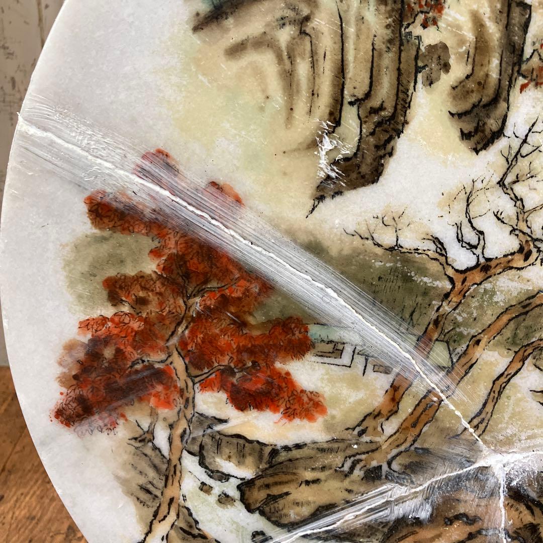 中国美術 古玩 大理石 彫刻 石彫刻 粉彩 飾り物 盤 置物 プレート 円形