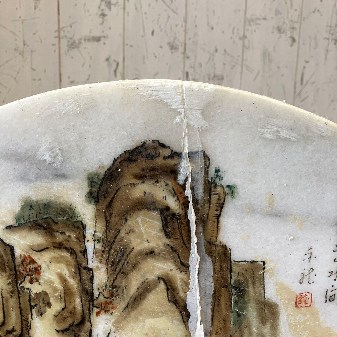 中国美術 古玩 大理石 彫刻 石彫刻 粉彩 飾り物 盤 置物 プレート 円形