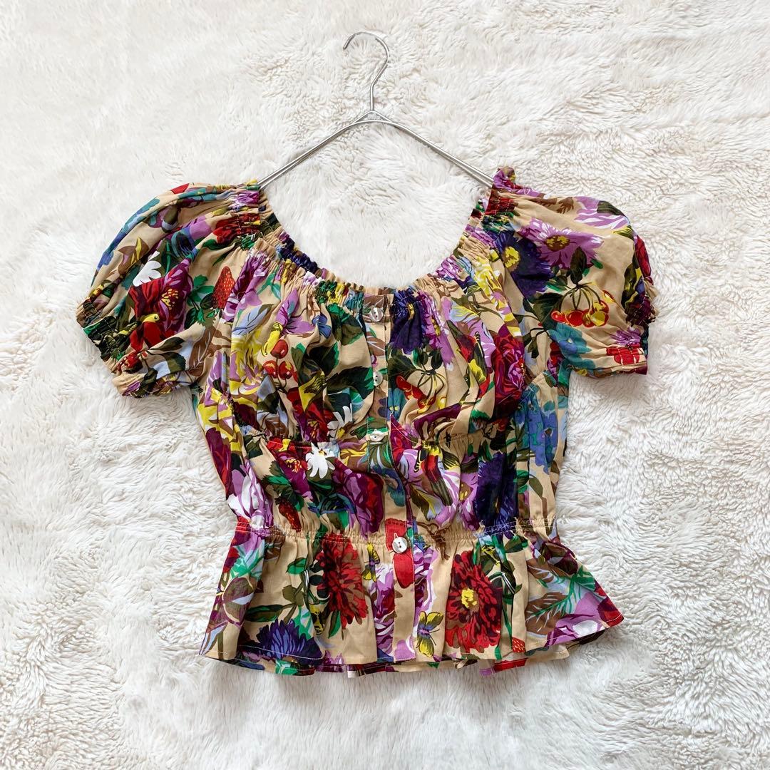 美品＊ケンゾー　花柄　ギャザー　パフスリーブ　半袖　ブラウス　トップス　M