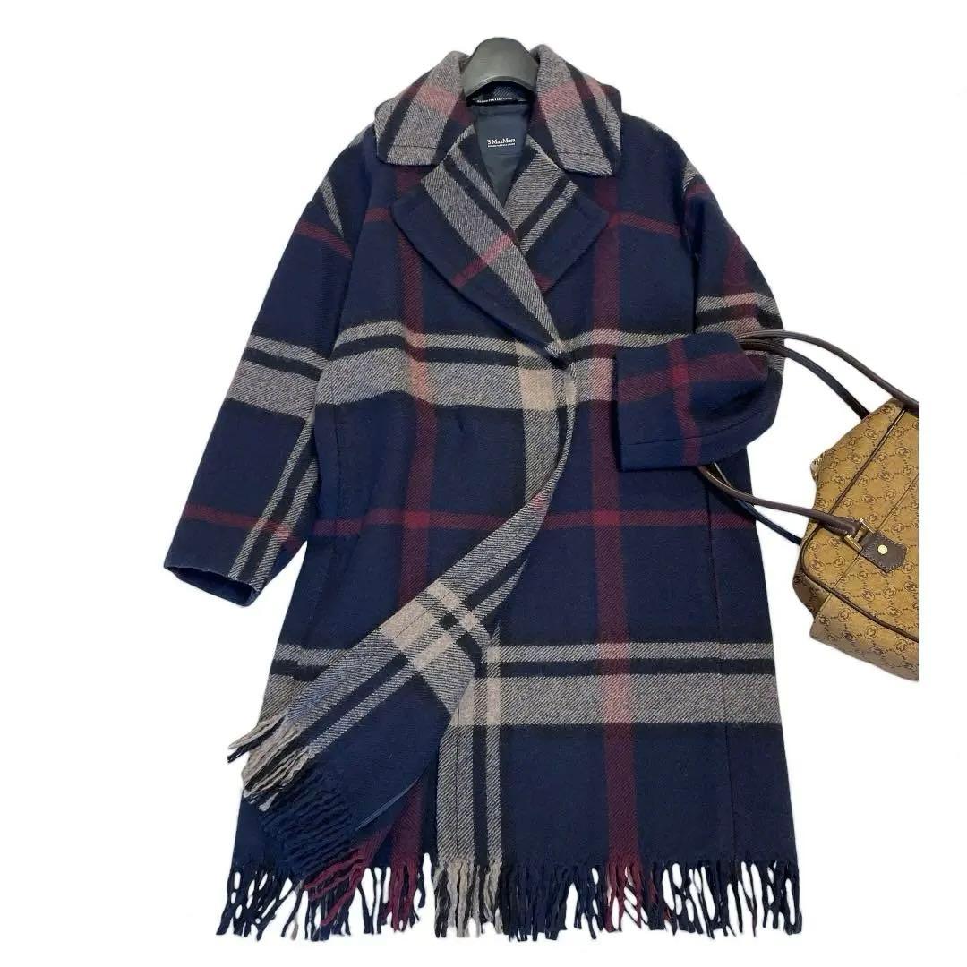 エス マックスマーラ チェック ピュア ウール ロングコート 36 ネイビー