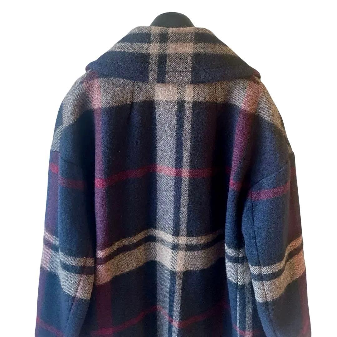 エス マックスマーラ チェック ピュア ウール ロングコート 36 ネイビー