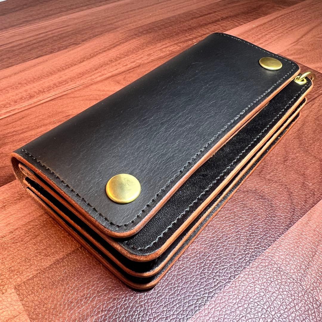 【トラッカーウォレット ロング 3層】 ブラック 茶芯 ゴールド 北米ステア