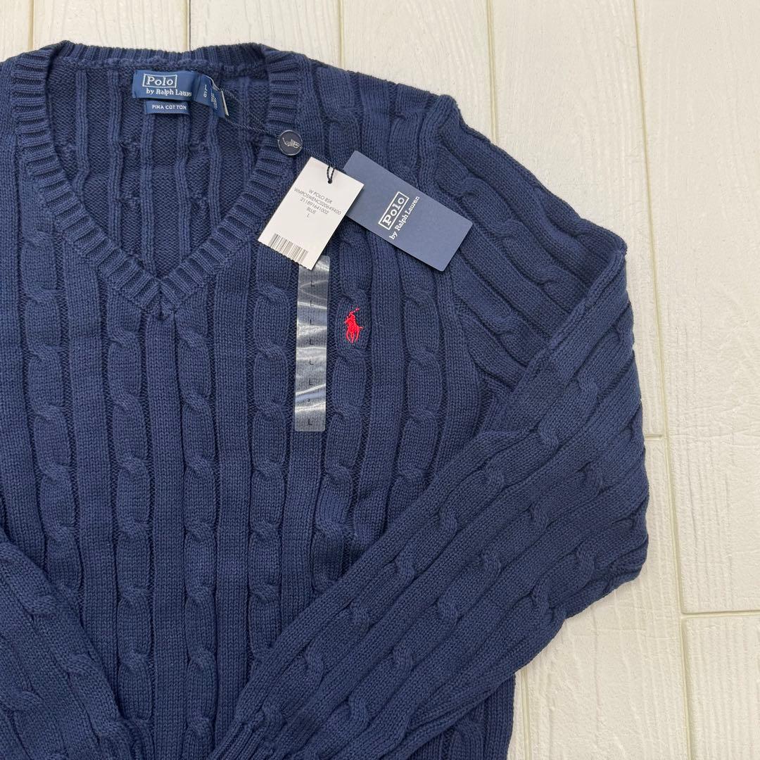 【新品タグ付き】POLO ラルフローレン ケーブル Vネック長袖 ネイビー L