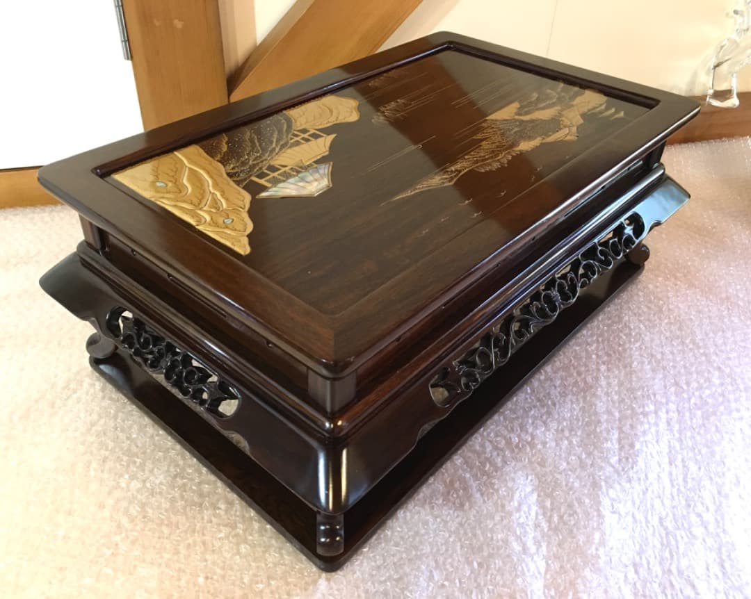 【勝峰作】花台 飾り台 螺鈿細工 金彩蒔絵 机 ガラス付属 ①