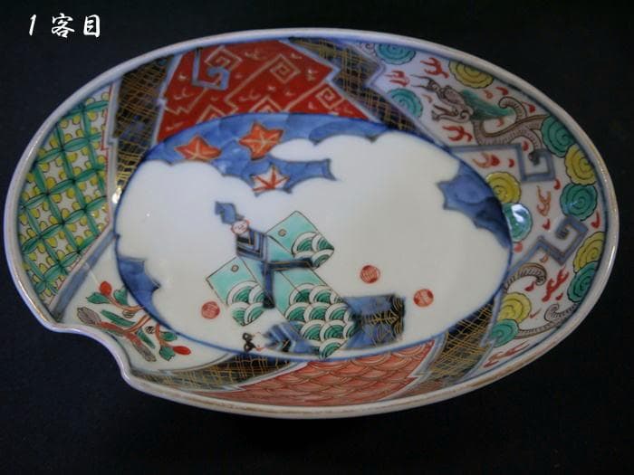 古伊万里色絵 楕円変形深皿　可愛い立ち雛ノ図　４客　お雛様　桃の節句に