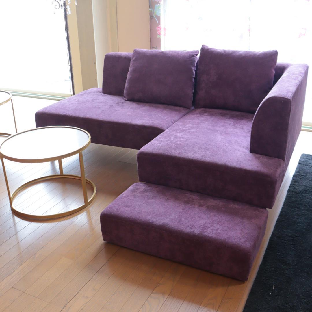 L型ソファ パープル シェーズロング ベルベット
