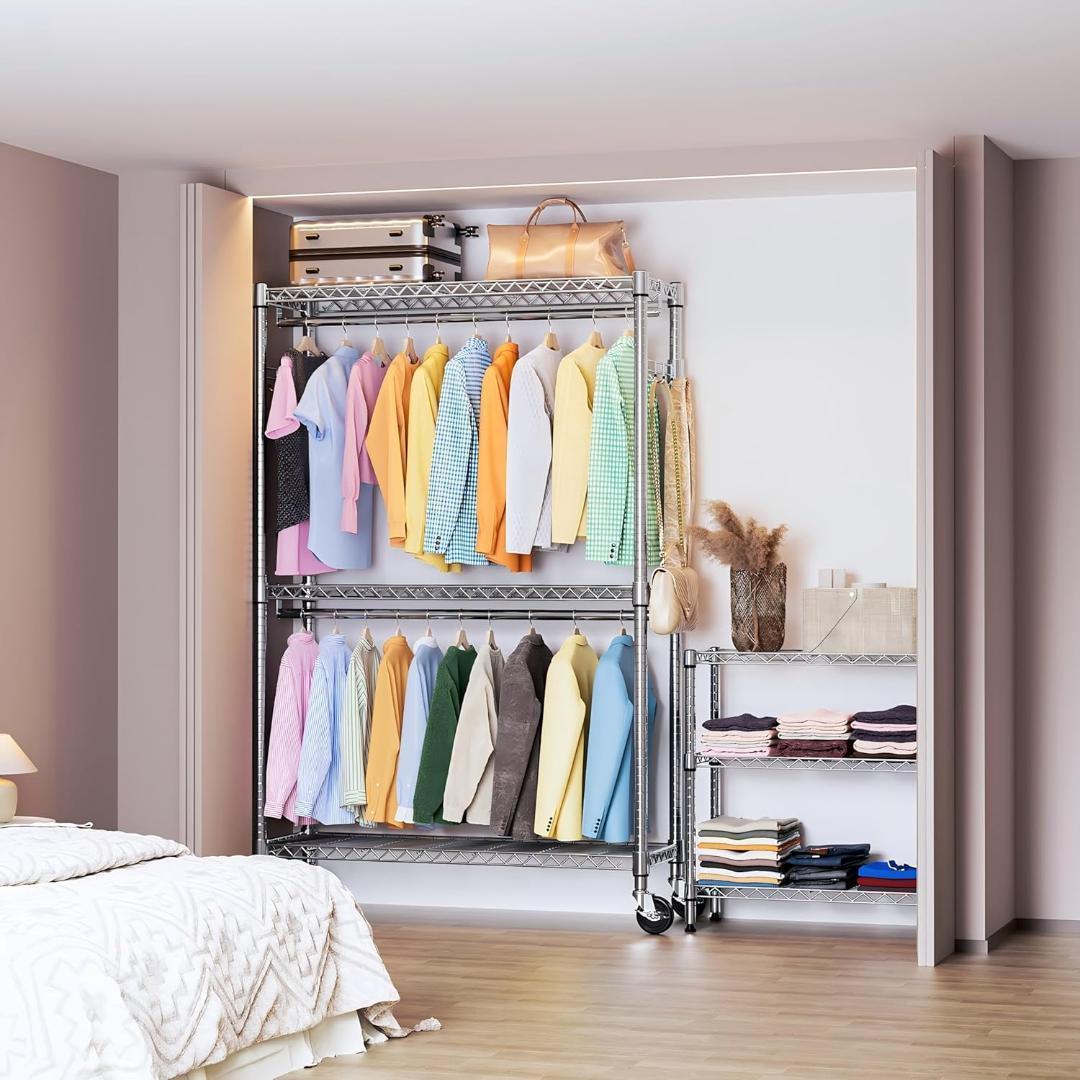 値下げ!!ハンガーラック キャスター付き 3段 押入れ ハンガーパイプ付き**