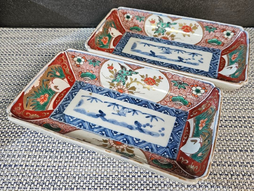 江戸時代末期　古伊万里　錦手　松竹梅に 獅子に菖蒲に鷺図　19.5cm長皿2客③