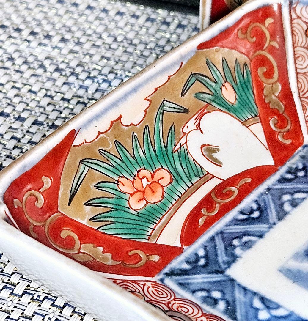 江戸時代末期　古伊万里　錦手　松竹梅に 獅子に菖蒲に鷺図　19.5cm長皿2客③