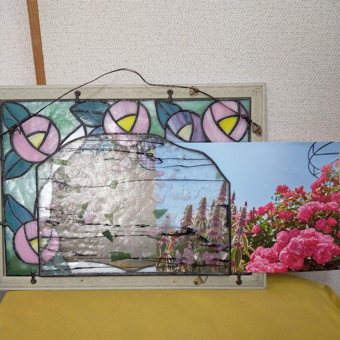 ステンドグラスパネル 薔薇 ウエルカムボード 　写真入れ　フォトフレーム