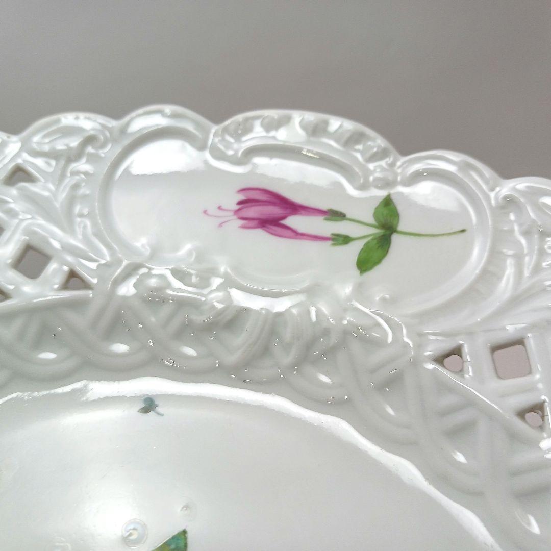 Y2436-1 アンティークマイセン フラワー 透かしプレート 直径23㎝　の