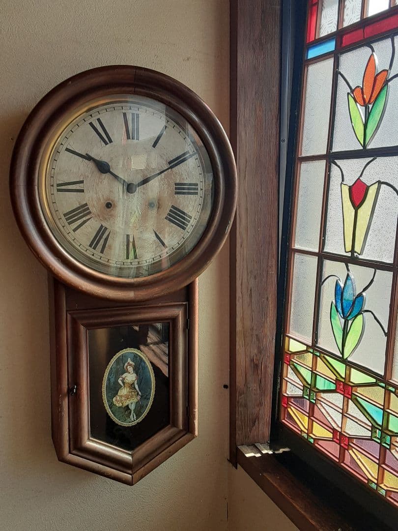 明治時代大きな柱時計、ゼンマイ式時計、調整油注入済み、完全オリジナル動作品