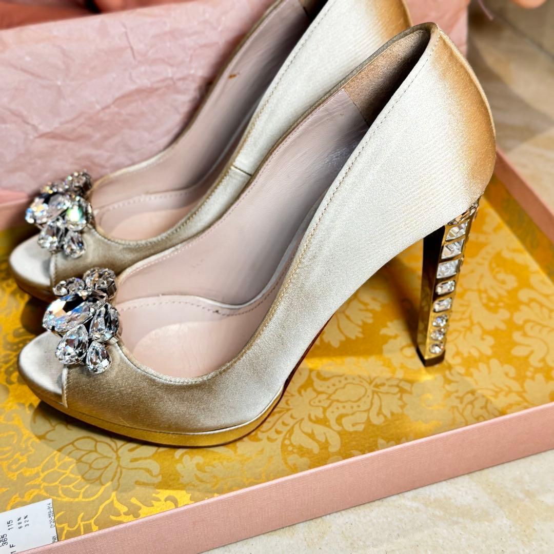miumiu シルクサテン 37 23.5〜24ビジューオープントゥハイヒール