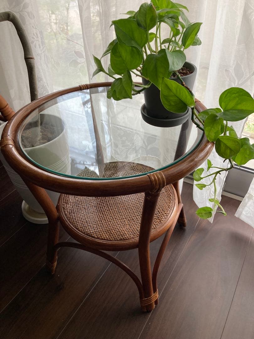ラタン ガラス 円形サイドテーブル