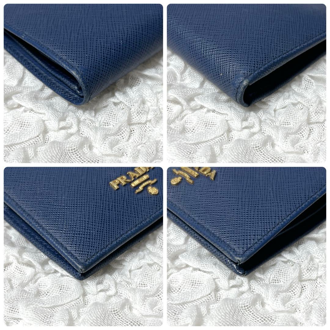 極美品✨PRADA ネイビー 二つ折り財布　サフィアーノレザー　ゴールド金具