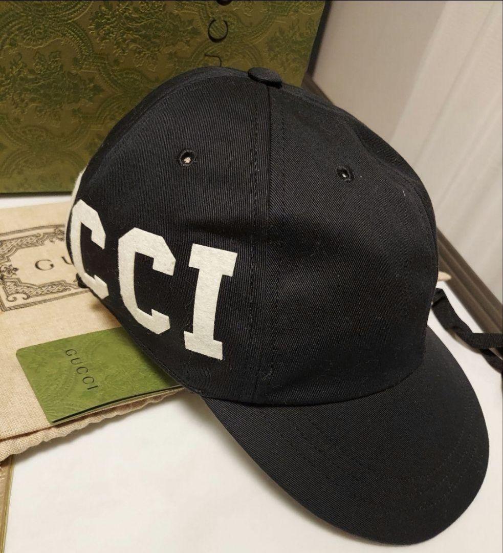 ②【新品未使用】グッチ　レター　ロゴ　ベースボール　キャップ　黒　ブラック