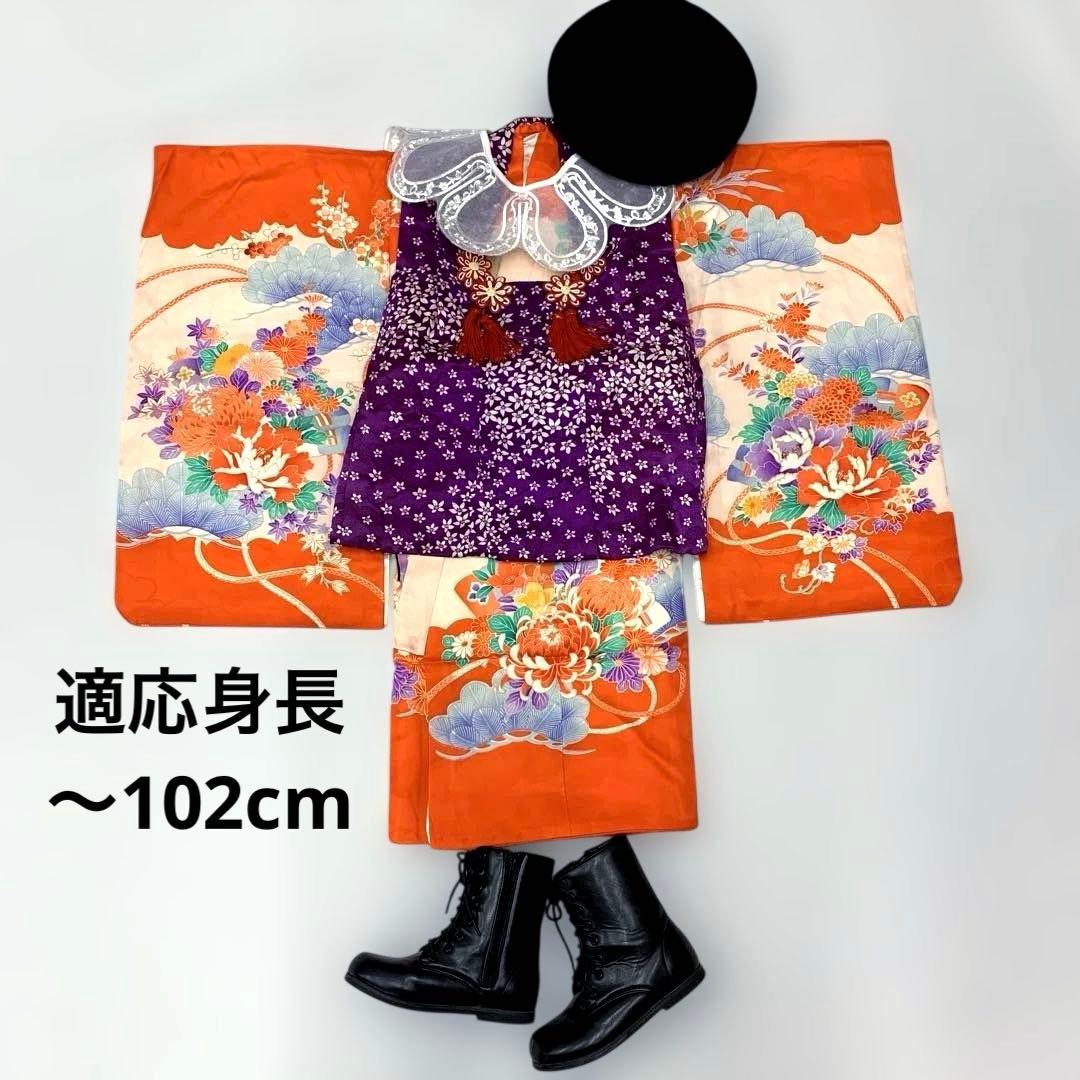 602agu23□七五三 三歳 女の子 着物＆被布＆長襦袢 金駒刺繍 鼓□美品