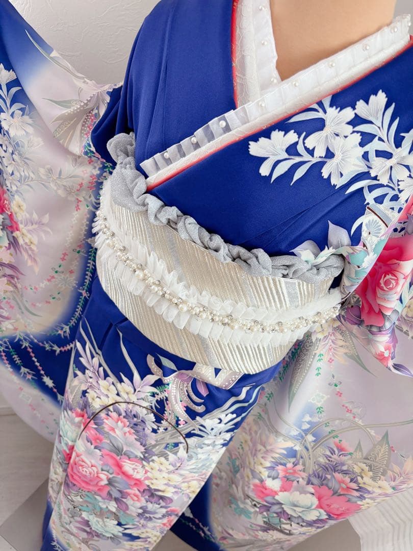 美品　豪華振袖フルセット　薔薇　ブルー　青色　パール帯締め付き　成人式