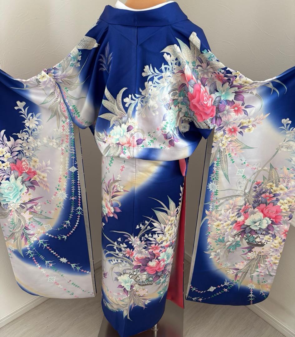 美品　豪華振袖フルセット　薔薇　ブルー　青色　パール帯締め付き　成人式