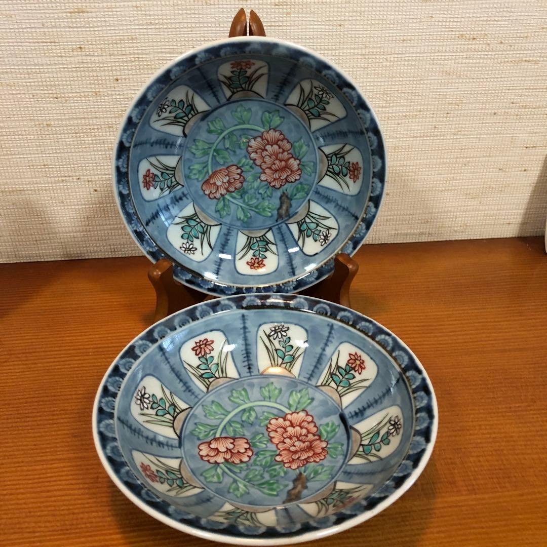 有田焼　六代走波　染錦 牡丹草花文 鉢二客