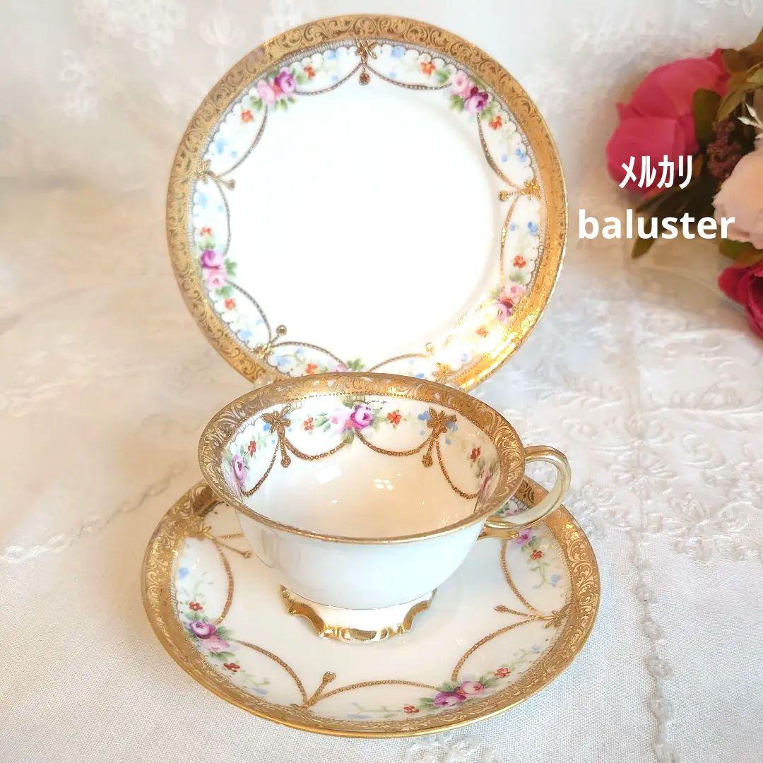 オールドノリタケ　金盛ガーランド薔薇絵図　カップ&ソーサートリオ　ケーキ皿