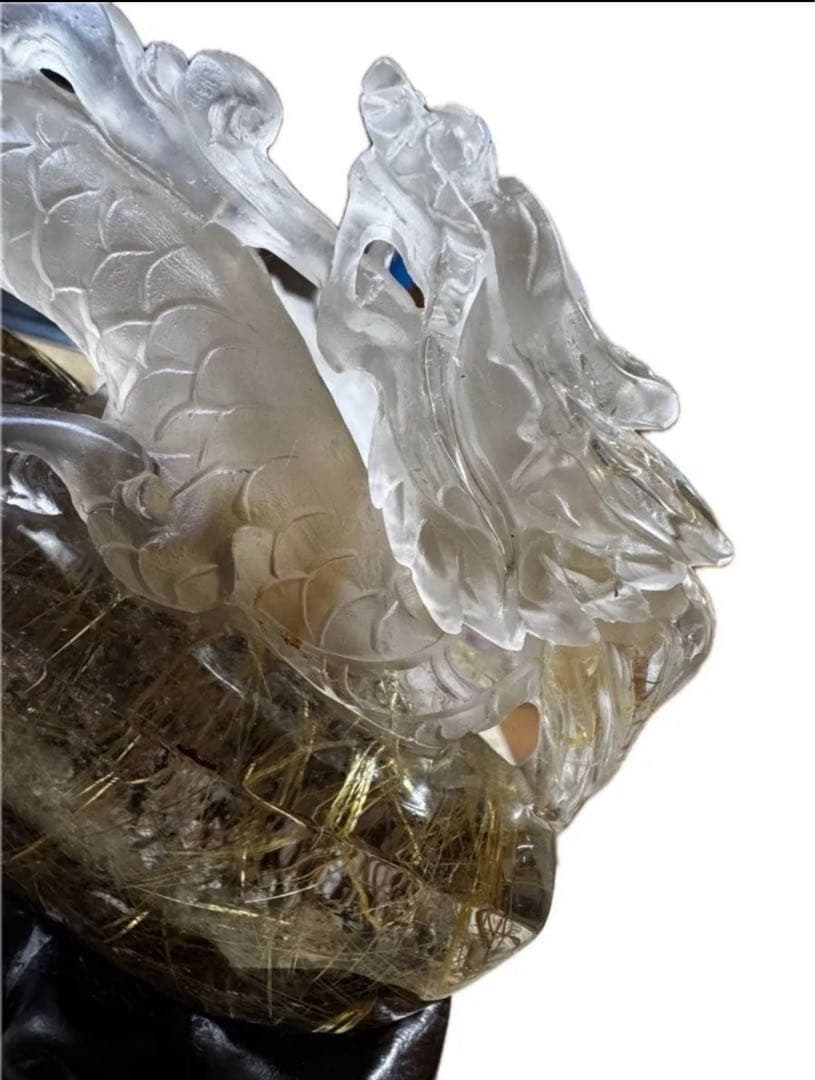 【高品質】ゴールドルチル 龍彫刻 原石置物 台座付